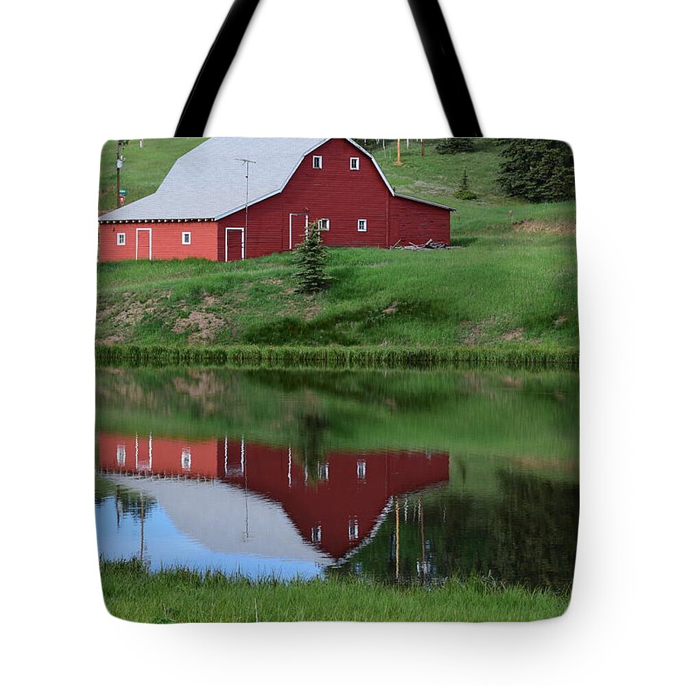 Red Tote Bag featuring the photograph Red Barn Burgess Res Divide CO by Margarethe Binkley