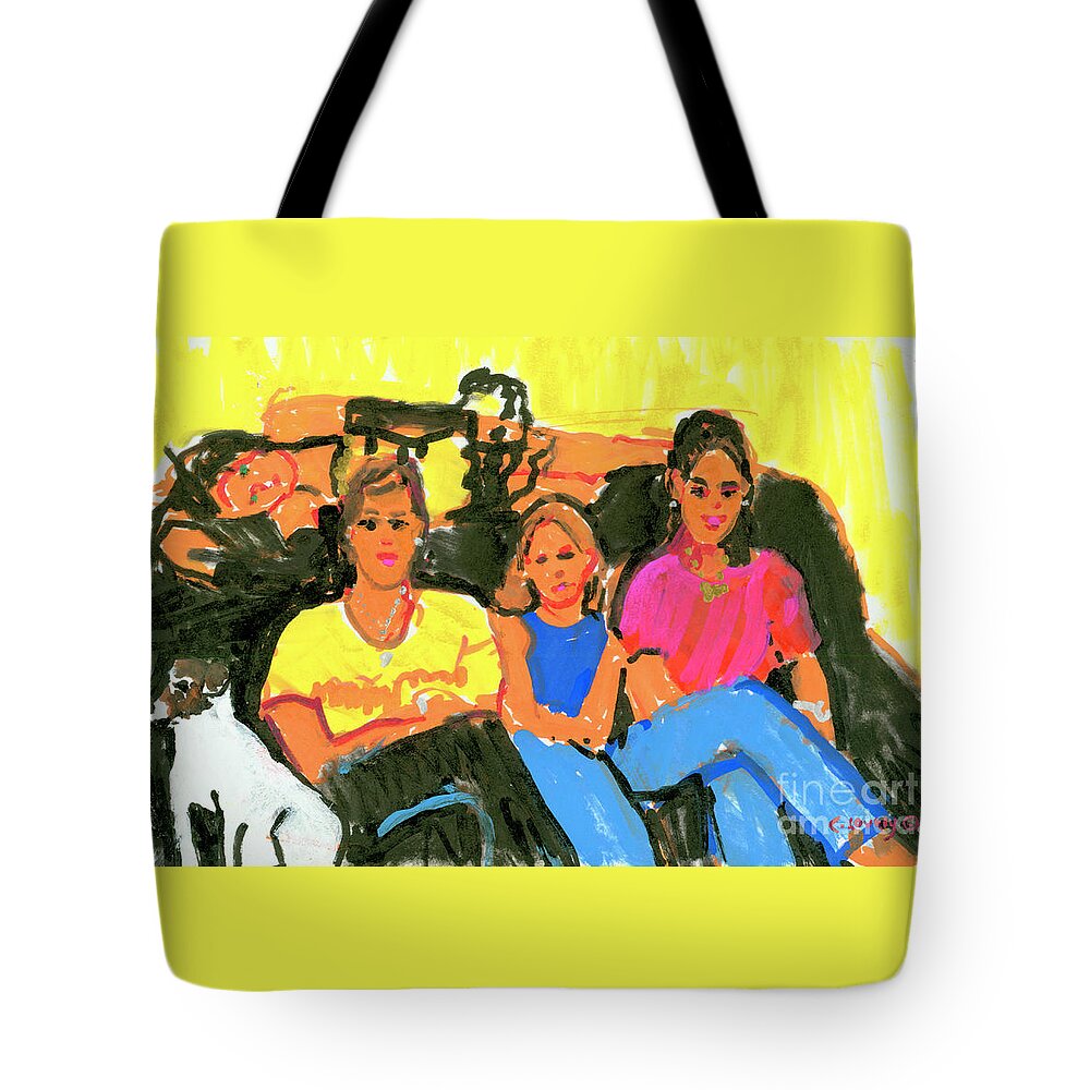 4 Girls And A Dog Tote Bag featuring the painting 4 Girls and a Dog #1 by Candace Lovely