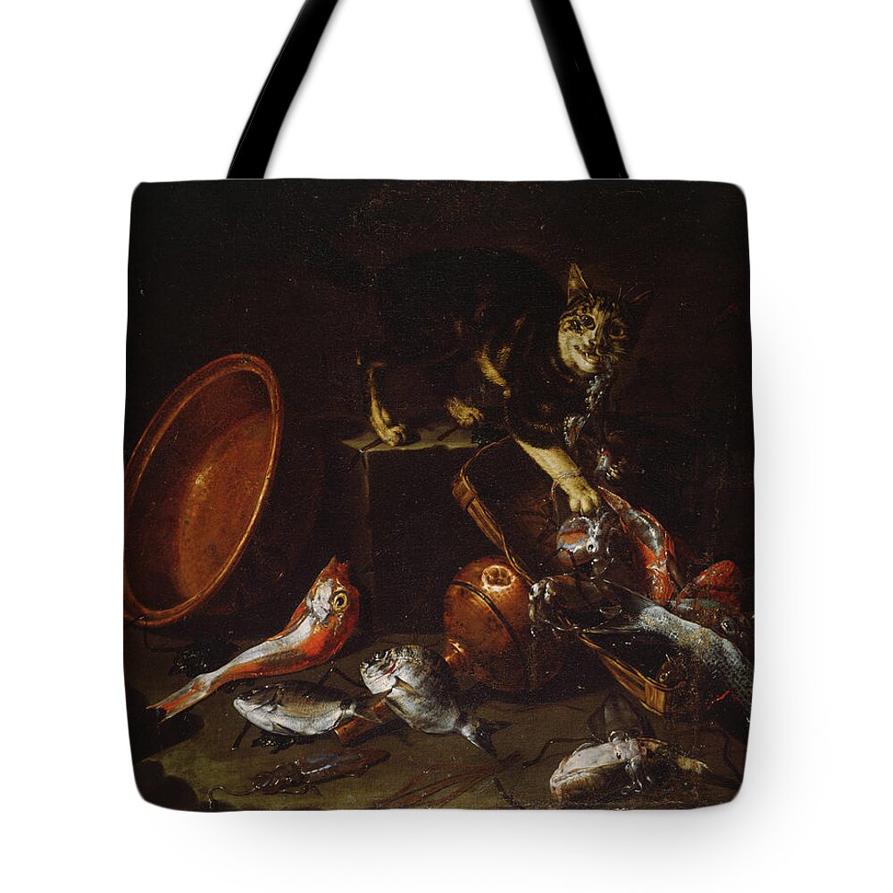 A Cat Stealing Fish Tote Bag featuring the painting A Cat Stealing Fish by MotionAge Designs