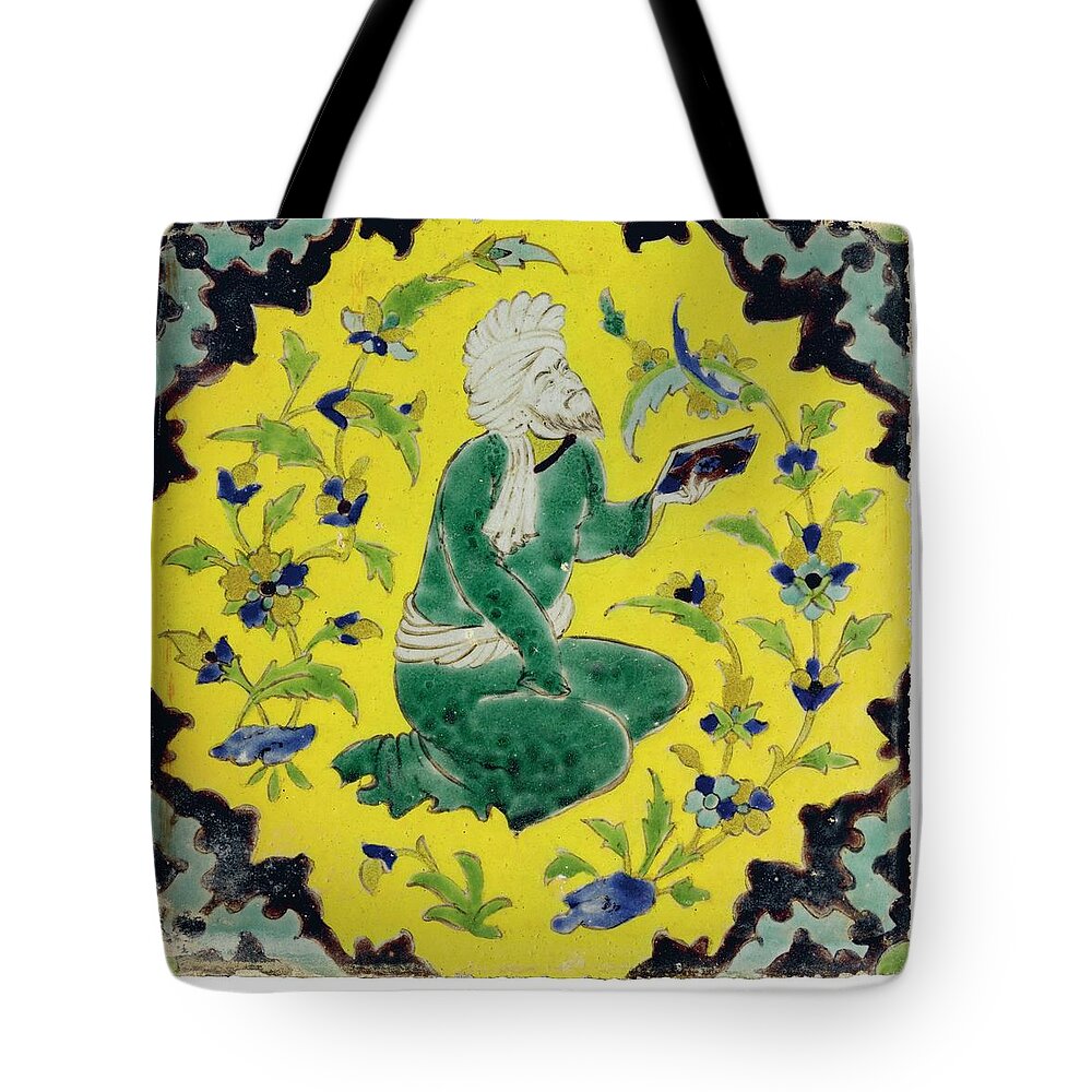 A Safavid Cuerda Seca Pottery Tile Tote Bag featuring the painting A Safavid cuerda seca pottery tile #1 by Eastern Accents