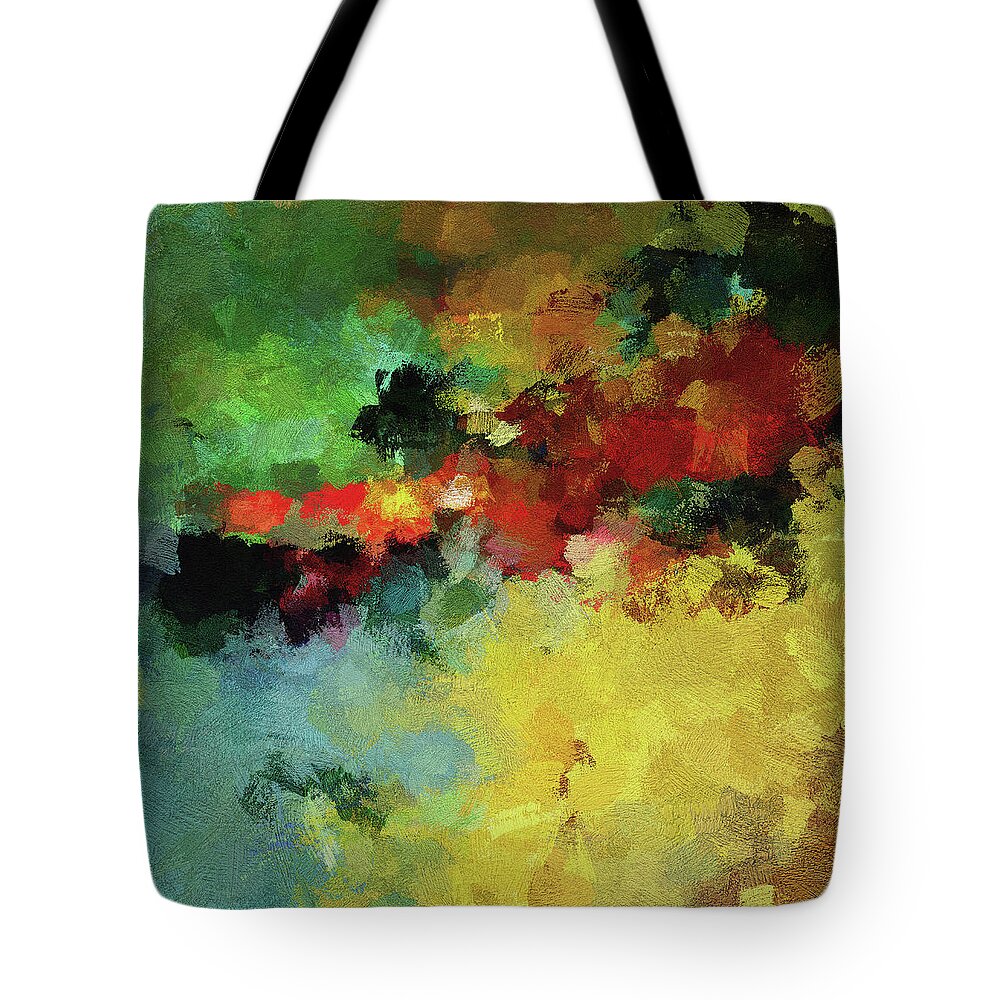 Abstract Tote Bag featuring the painting Abstract and Minimalist Landscape Painting #1 by Inspirowl Design