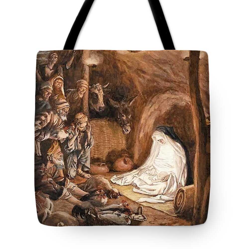 Christmas Tote Bag featuring the painting Adoration of the Shepherds by Tissot