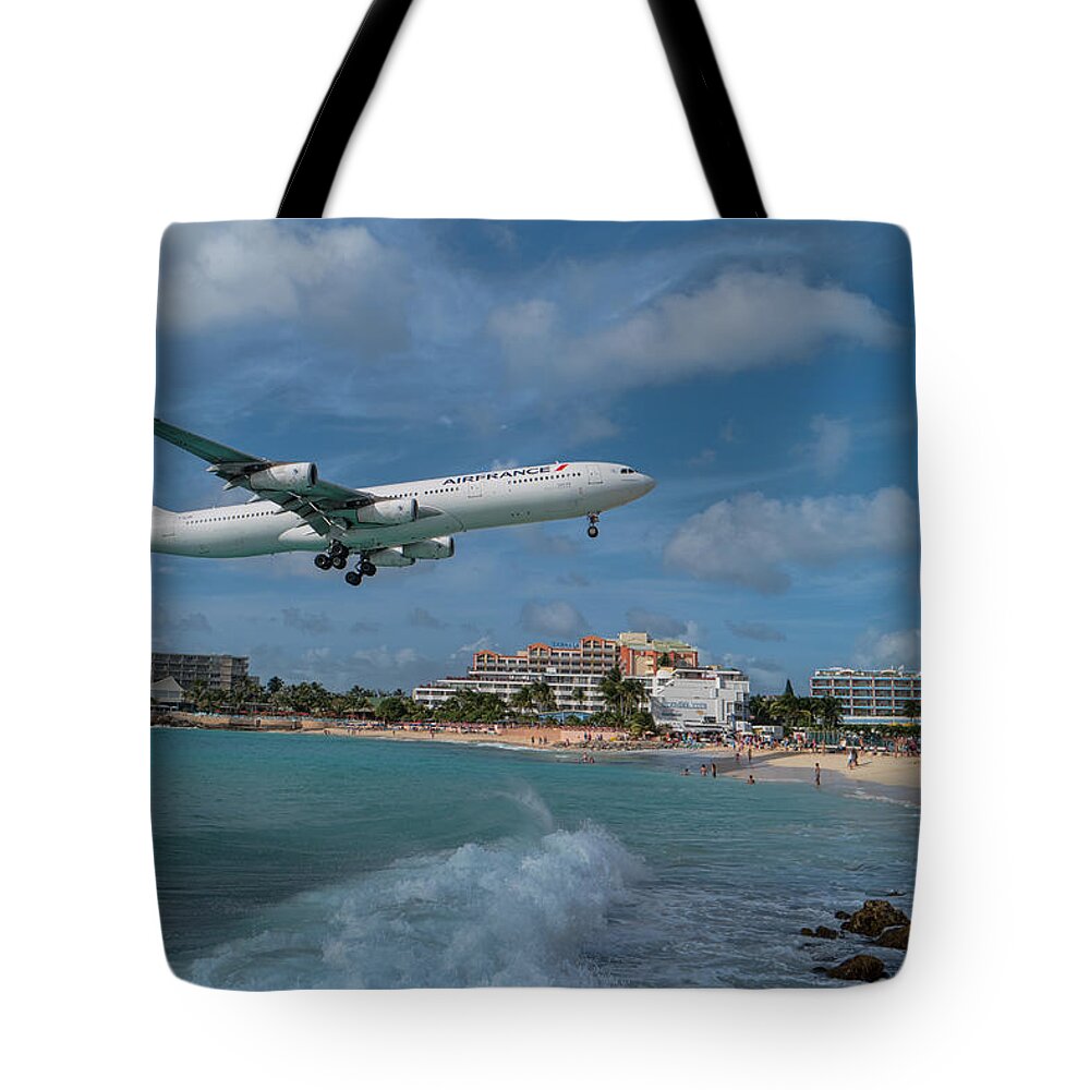 Air France Tote Bag featuring the photograph Air France landing at St. Maarten #1 by David Gleeson