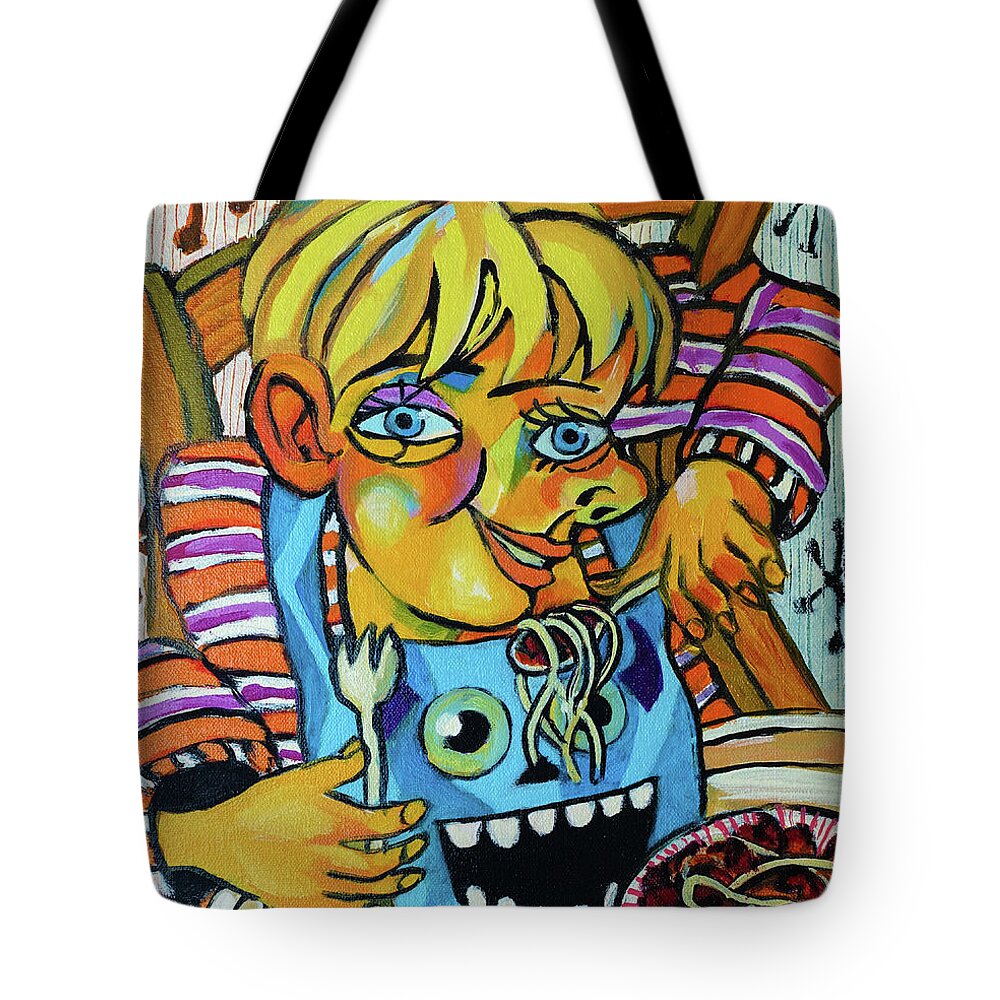 Alfie Tote Bag featuring the drawing Alfie with spaghetti by Peregrine Roskilly