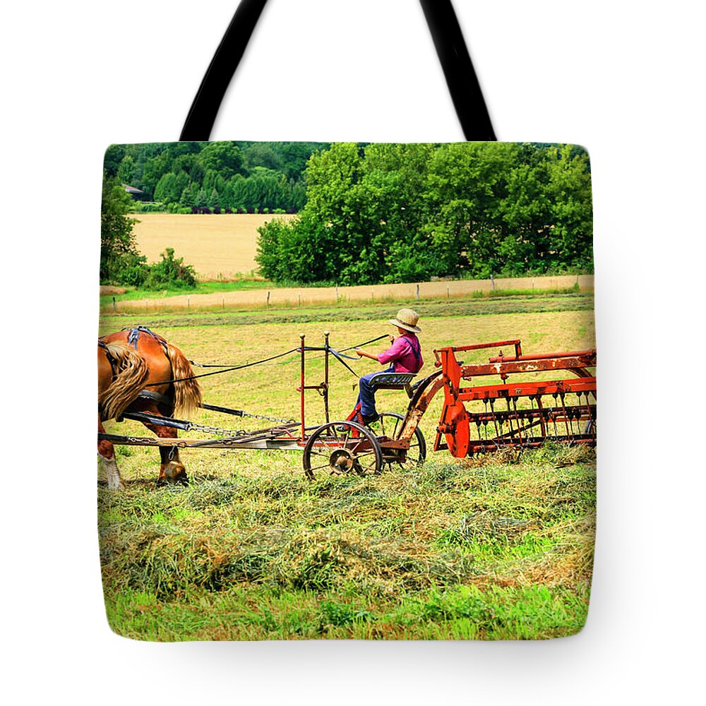 Young Tote Bag featuring the photograph Amish Farming #1 by Chris Smith