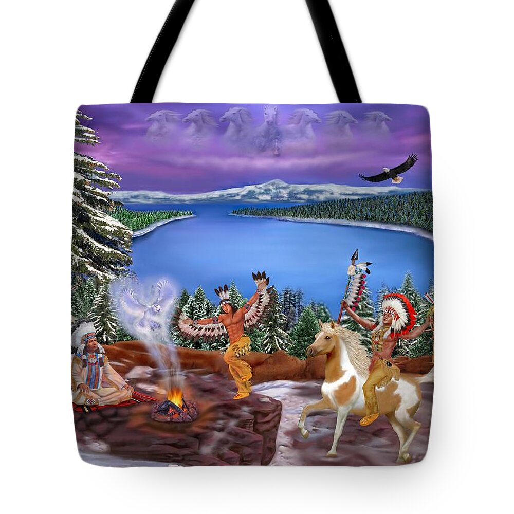 Native American Indian Art Tote Bag featuring the digital art Among The Spirits by Glenn Holbrook
