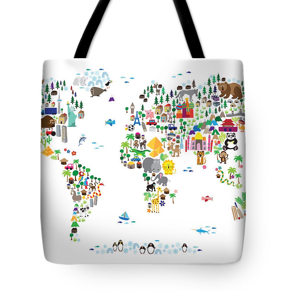 Map Of The World Tote Bag featuring the digital art Animal Map of the World for children and kids #5 by Michael Tompsett