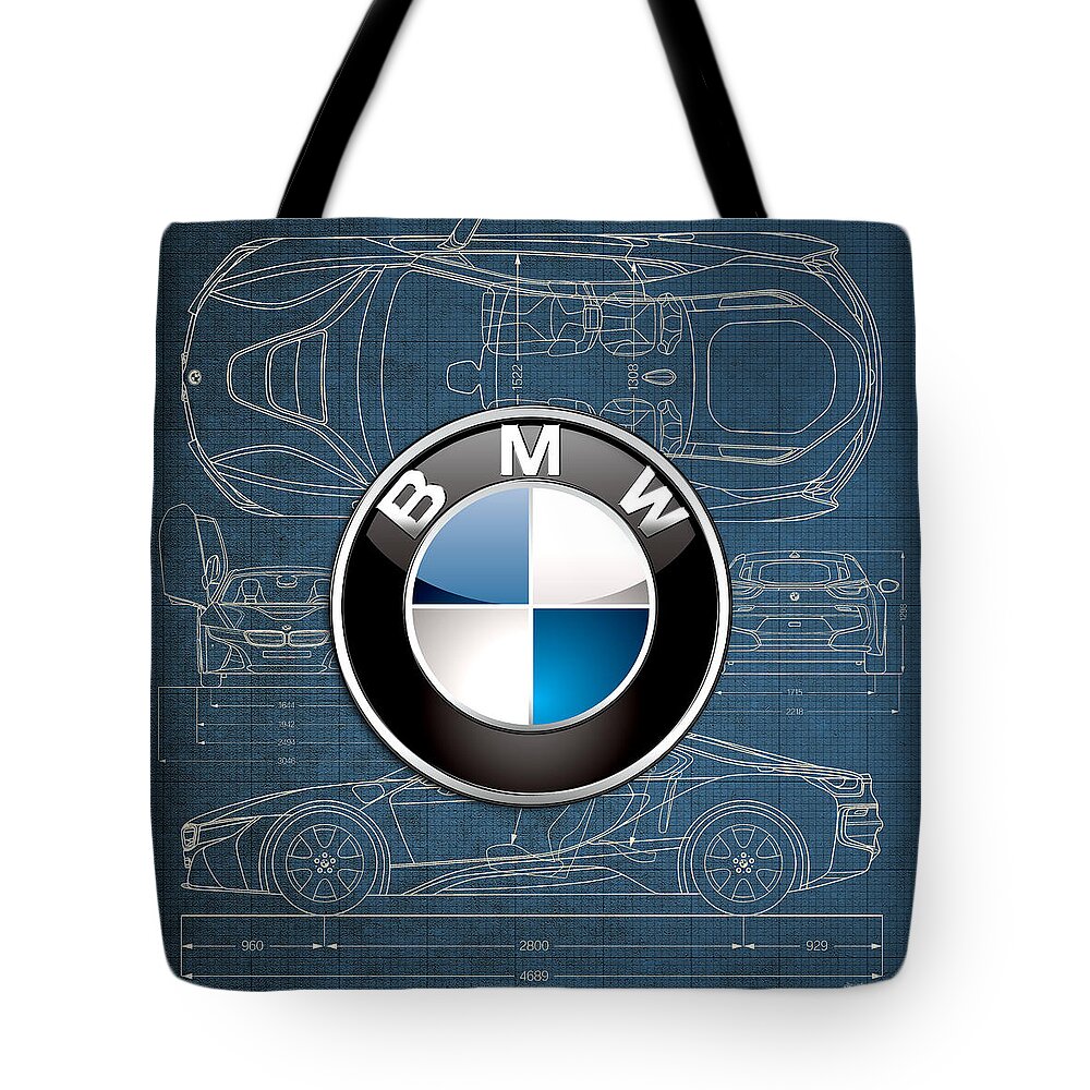 �wheels Of Fortune� By Serge Averbukh Tote Bag featuring the photograph B M W 3 D Badge over B M W i8 Blueprint by Serge Averbukh