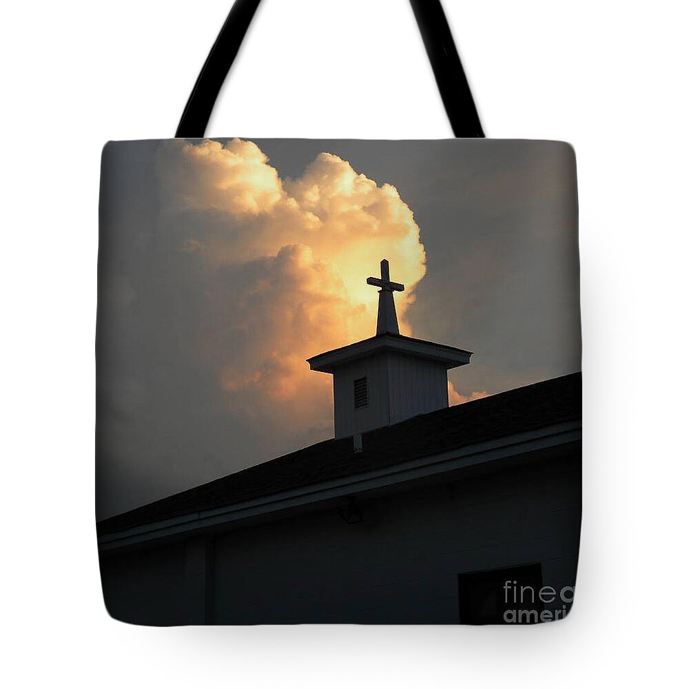 Angel Baby Cross Bible Testament Clouds Sky Tote Bag featuring the photograph Reaching Baby Angel At The Cross by Matthew Seufer