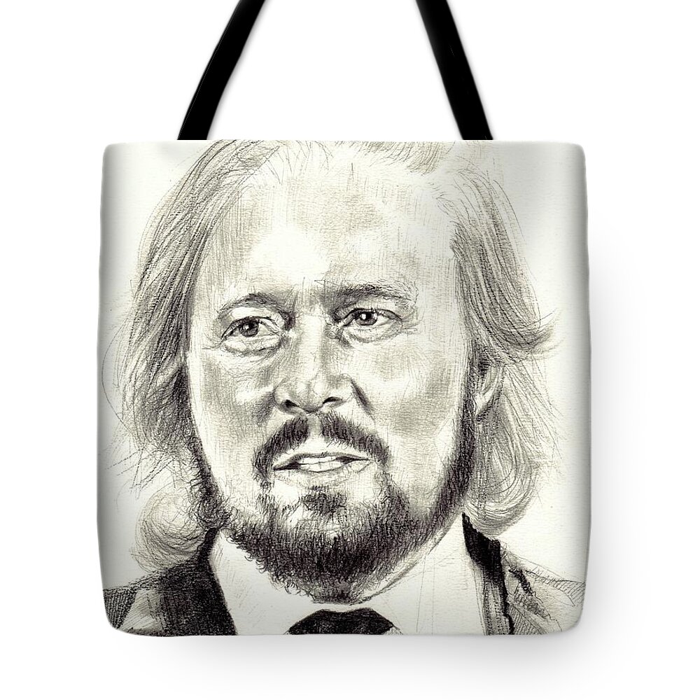 Barry Gibb Tote Bag featuring the drawing Barry Gibb portrait by Suzann Sines