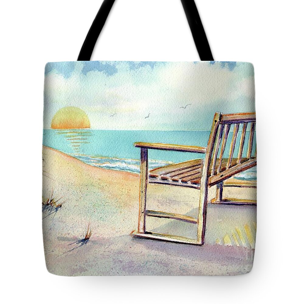 Beach Tote Bag featuring the painting Beach Bench by Midge Pippel