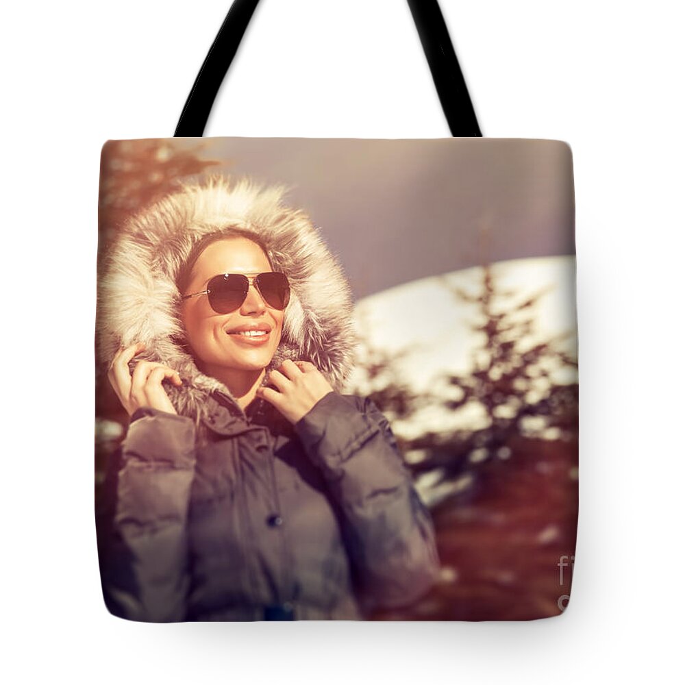 Active Tote Bag featuring the photograph Beautiful woman in winter park by Anna Om