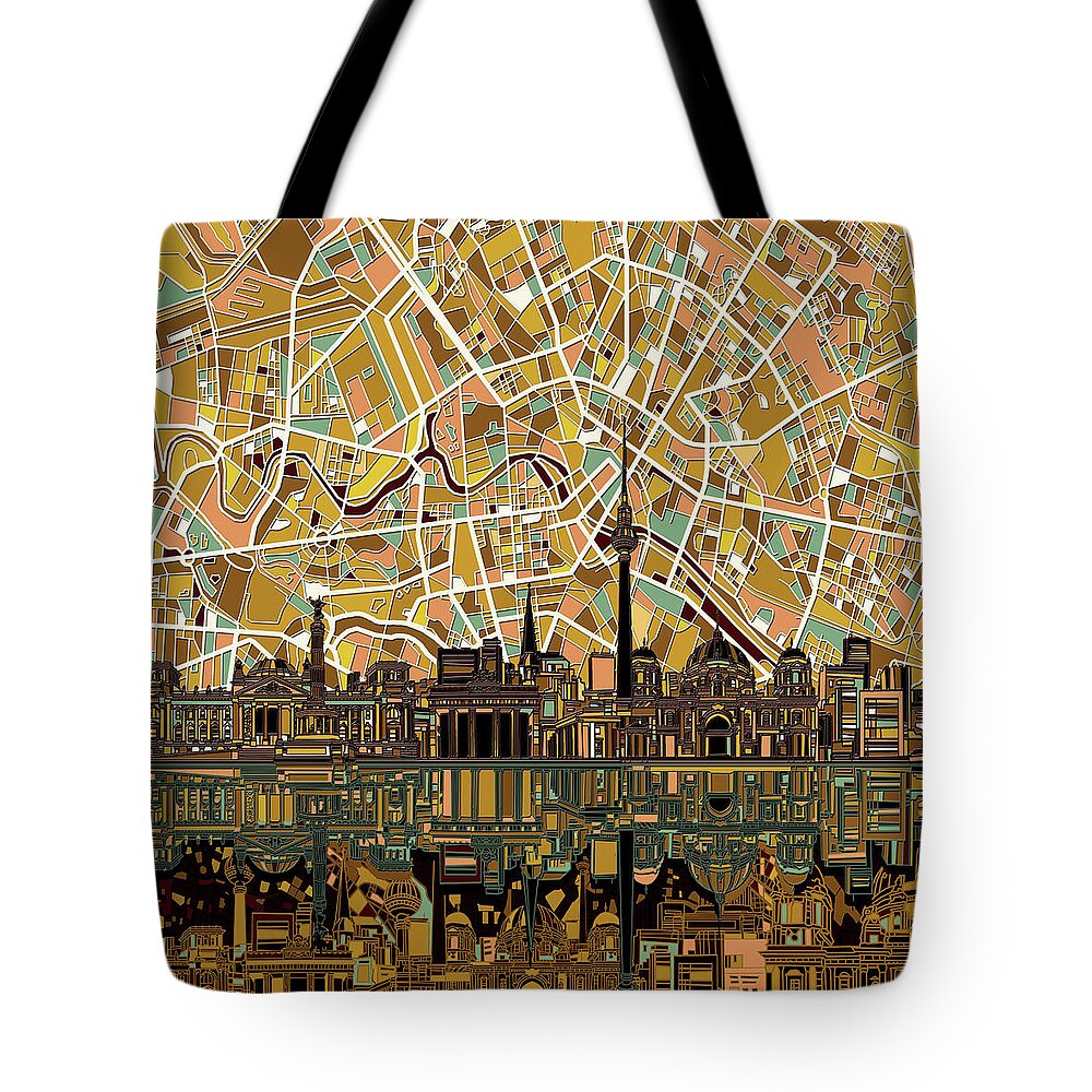 Berlin Tote Bag featuring the digital art Berlin City Skyline Abstract #1 by Bekim M