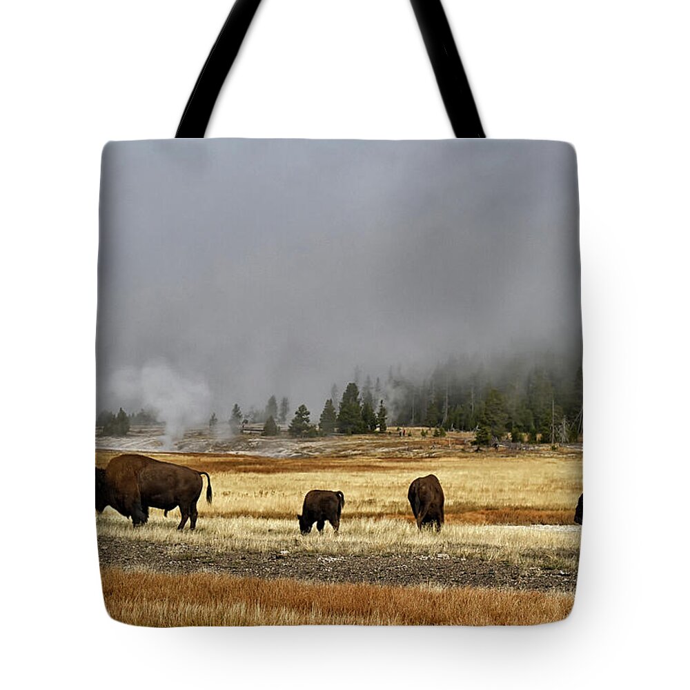 Shirley Mitchell Tote Bag featuring the photograph Bison at Old Faithful #1 by Shirley Mitchell