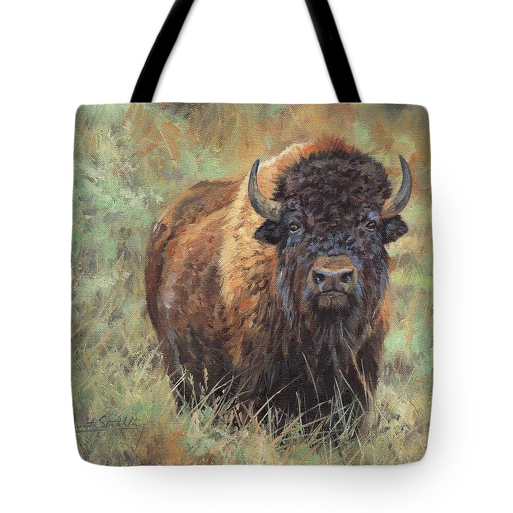 Bison Tote Bag featuring the painting Bison #1 by David Stribbling
