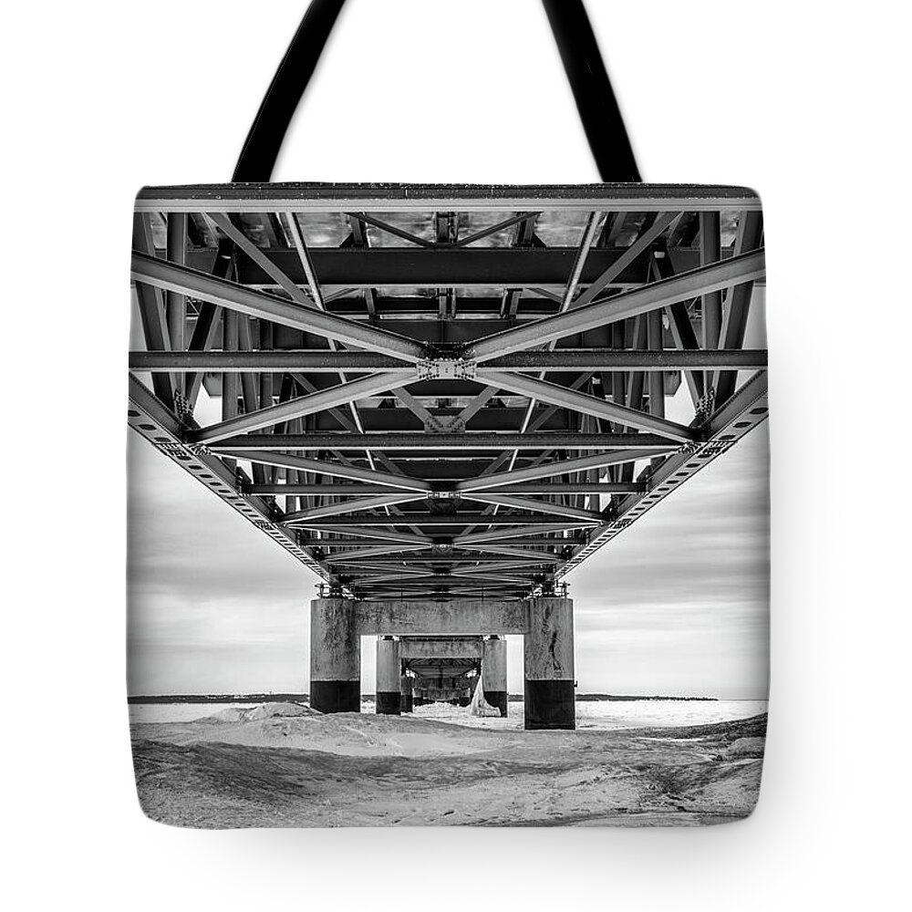John Mcgraw Tote Bag featuring the photograph Black and White Mackinac Bridge Winter #1 by John McGraw