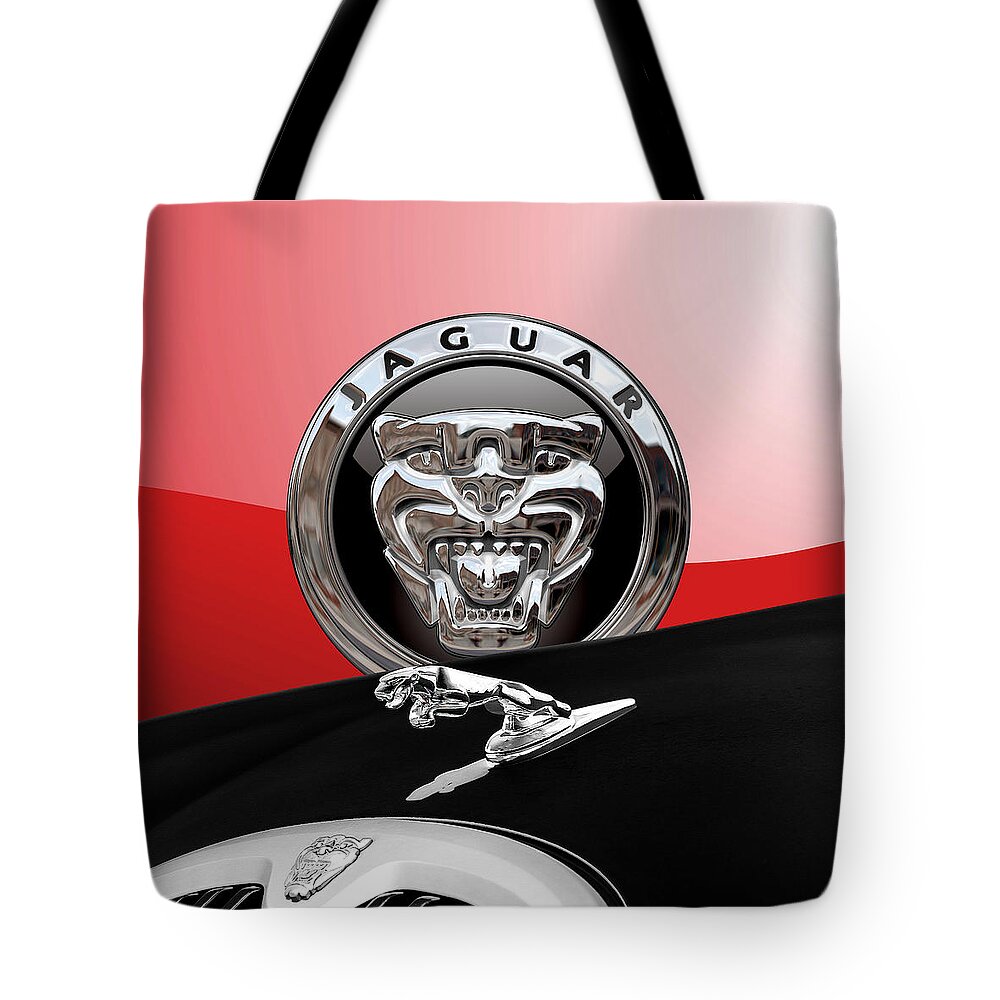 'auto Badges' Collection By Serge Averbukh Tote Bag featuring the photograph Black Jaguar - Hood Ornaments and 3 D Badge on Red by Serge Averbukh