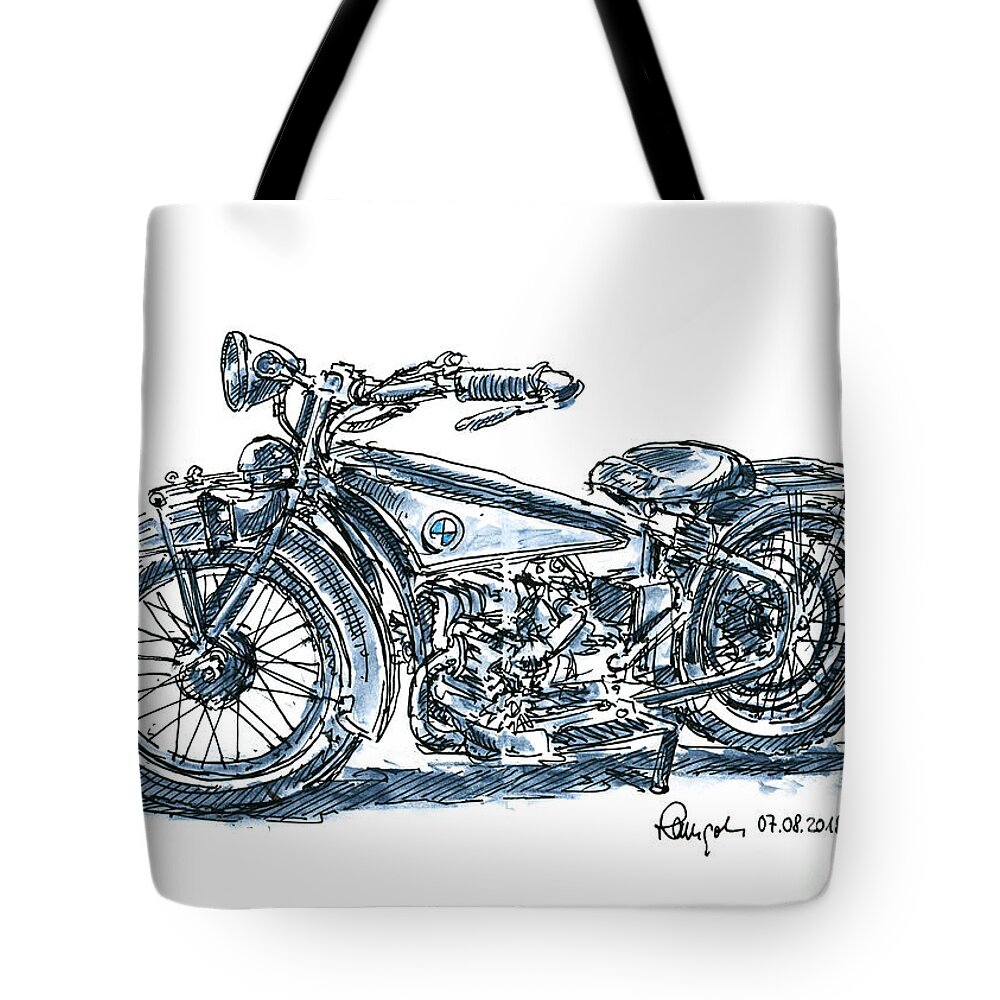 Motorbike Tote Bag featuring the drawing BMW R32 Classic Motorbike Ink Drawing and Watercolor by Frank Ramspott