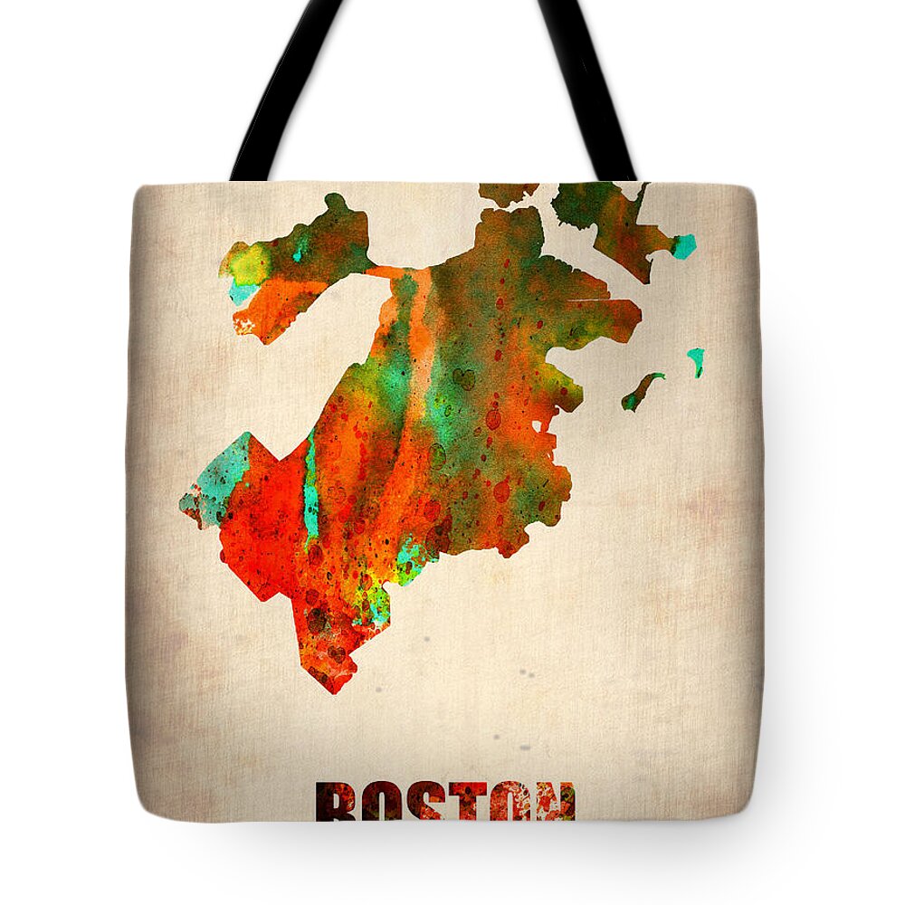 Boston Tote Bag featuring the mixed media Boston Watercolor Map by Naxart Studio