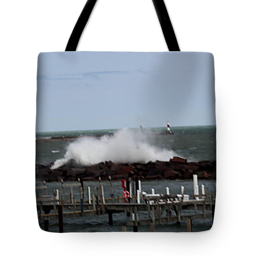Landscape Tote Bag featuring the photograph Breakwall #1 by Jean Wolfrum