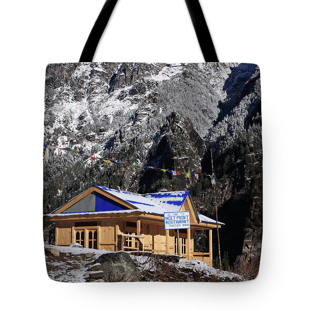 Hiking Tote Bag featuring the photograph Meeting Point Mountain Restaurant by Aidan Moran