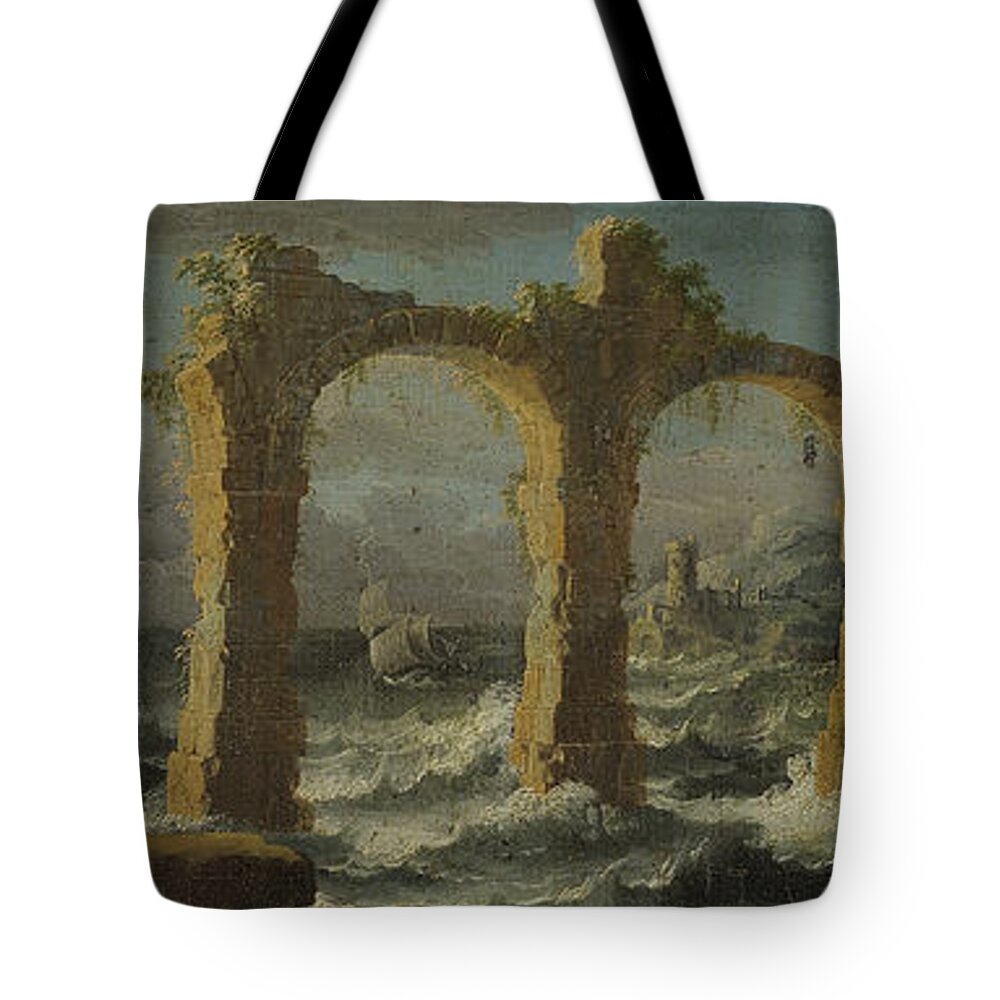 Leonardo Coccorante Napoli 1680  1750 Tote Bag featuring the painting Capriccio with a storm on the sea #1 by MotionAge Designs