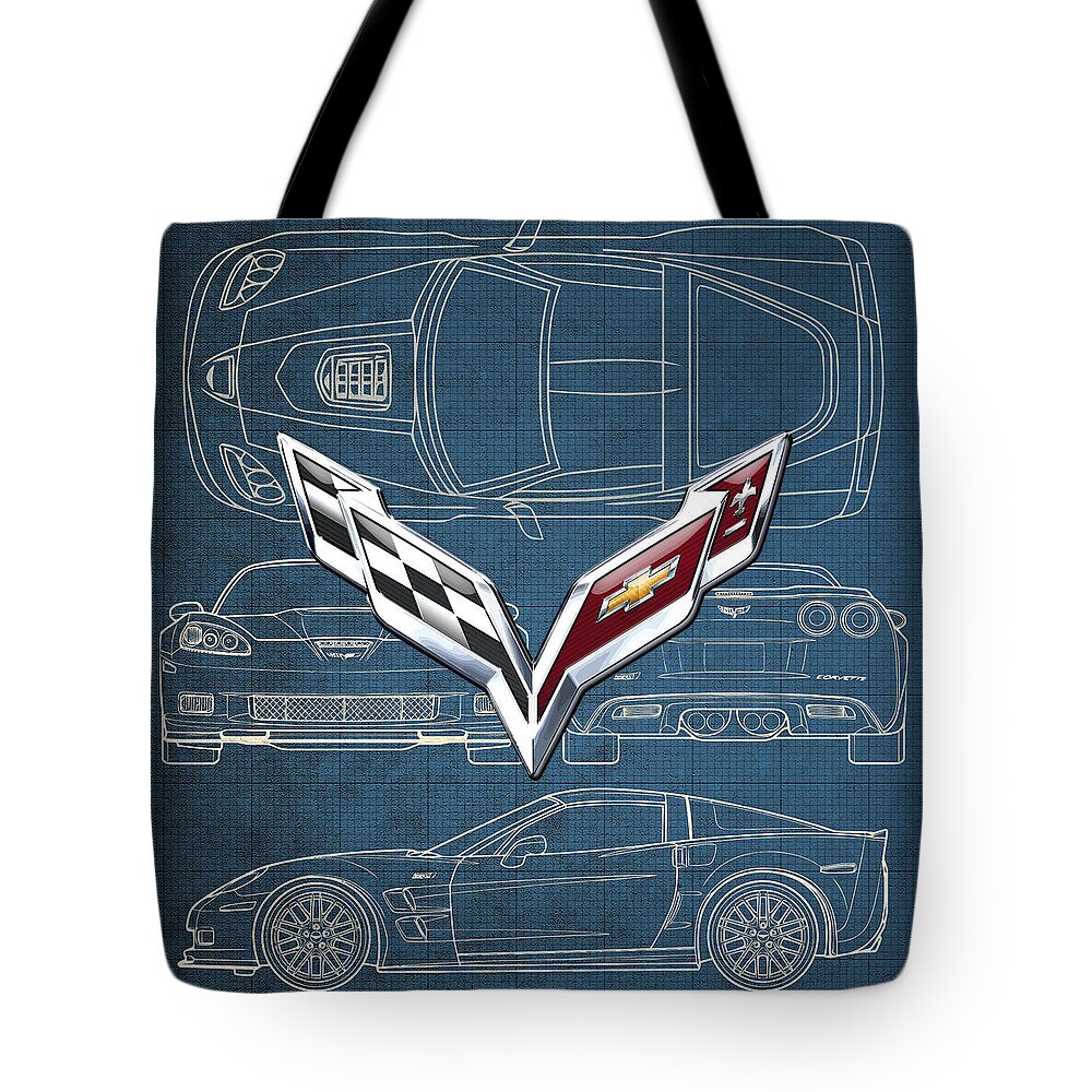 �wheels Of Fortune� By Serge Averbukh Tote Bag featuring the photograph Chevrolet Corvette 3 D Badge over Corvette C 6 Z R 1 Blueprint by Serge Averbukh