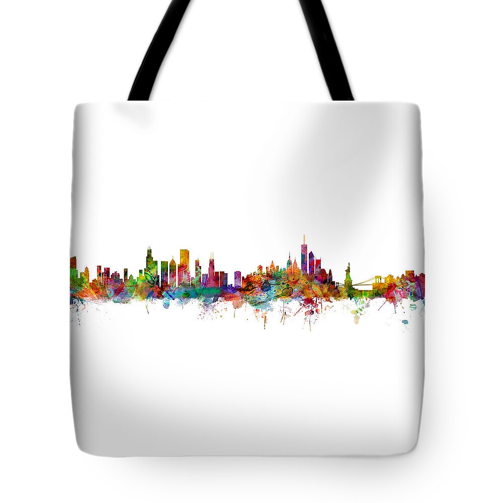 Chicago Tote Bag featuring the digital art Chicago And New York City Skylines Mashup by Michael Tompsett