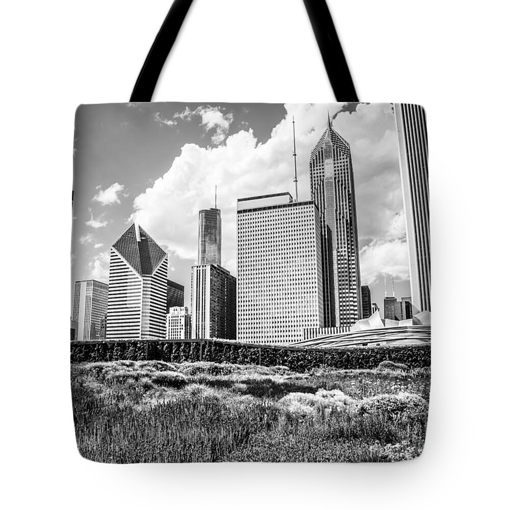 America Tote Bag featuring the photograph Chicago Skyline at Lurie Garden Black and White Photo #1 by Paul Velgos