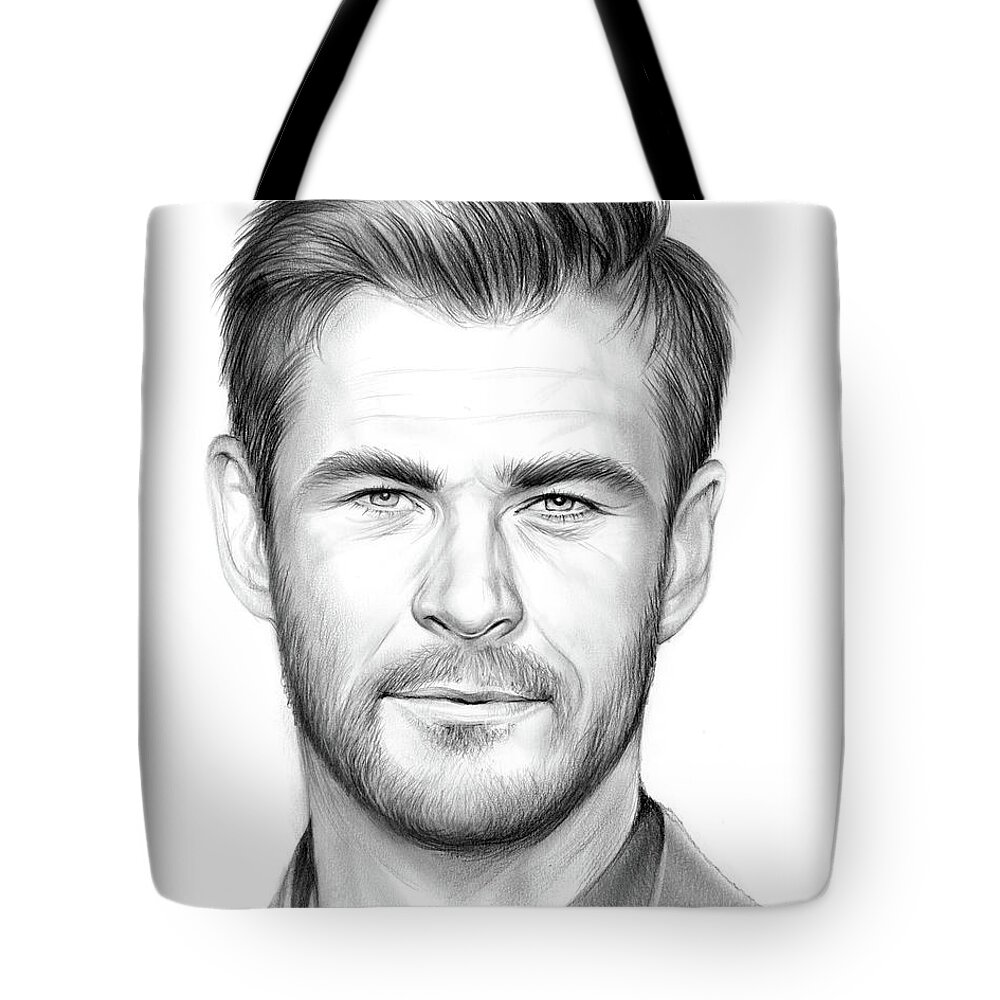 Chris Hemsworth Tote Bag featuring the drawing Chris Hemsworth #1 by Greg Joens