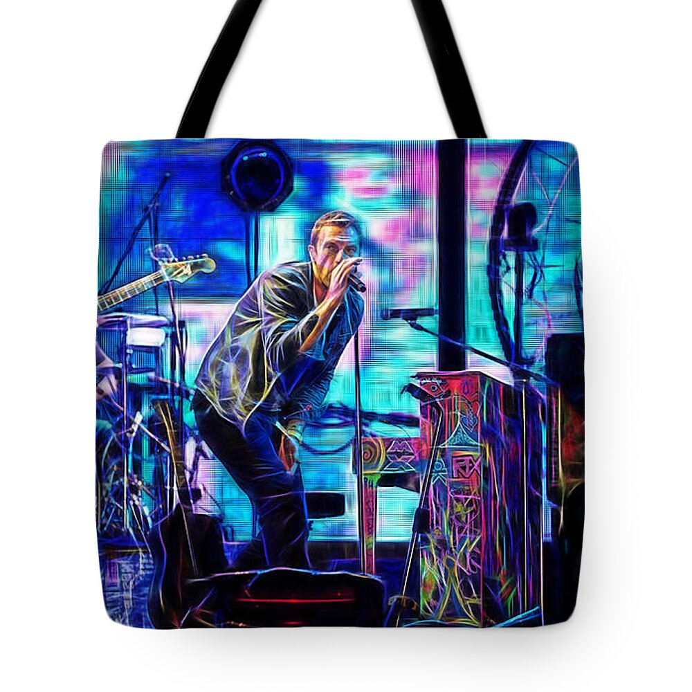 Coldplay Tote Bag featuring the mixed media Coldplay Collection Chris Martin #1 by Marvin Blaine