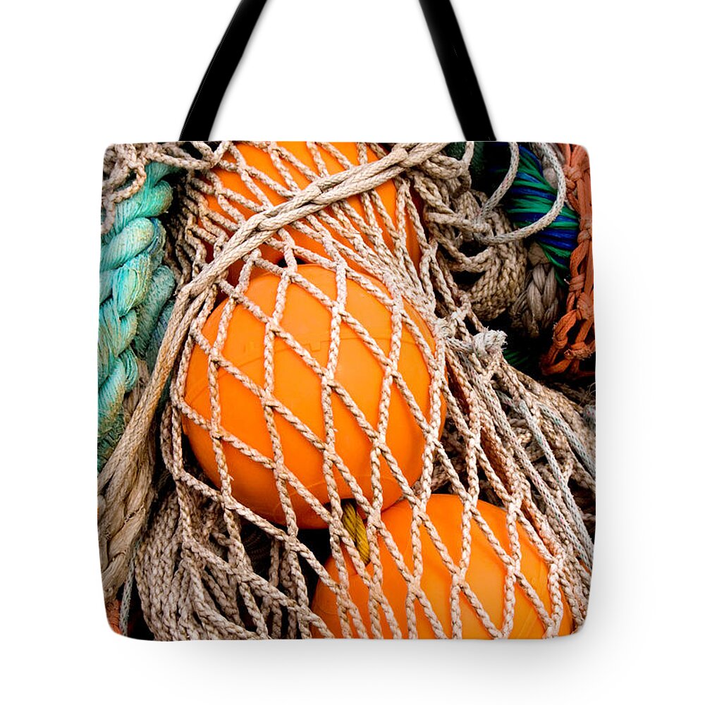 Colorful Tote Bag featuring the photograph Colorful Fishing Nets and Buoys by Carol Leigh