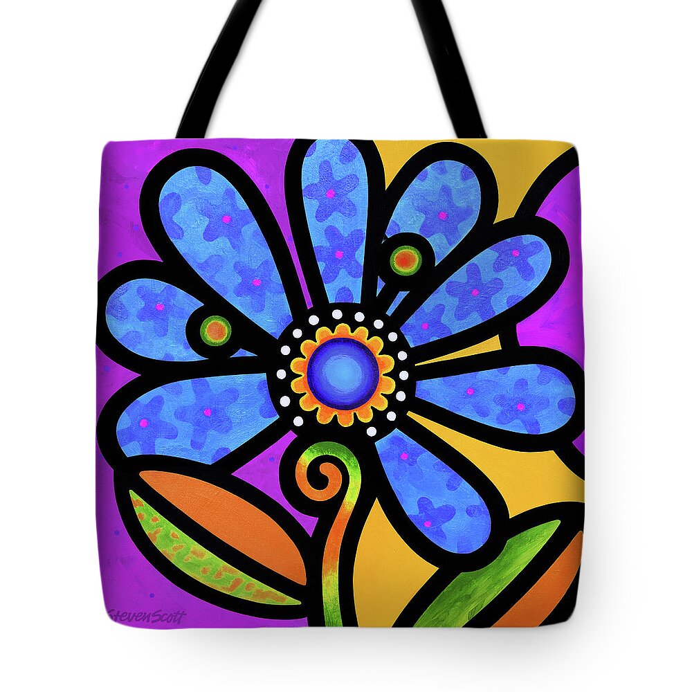 Flower Tote Bag featuring the painting Cosmic Daisy in Blue #1 by Steven Scott