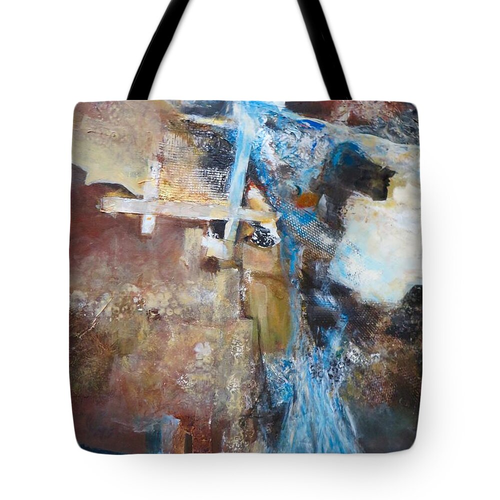 Abstract Tote Bag featuring the painting Crossing by Myra Evans