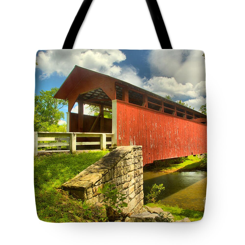 Herline Covered Bridge Tote Bag featuring the photograph Crossing Over The Juniata River #1 by Adam Jewell
