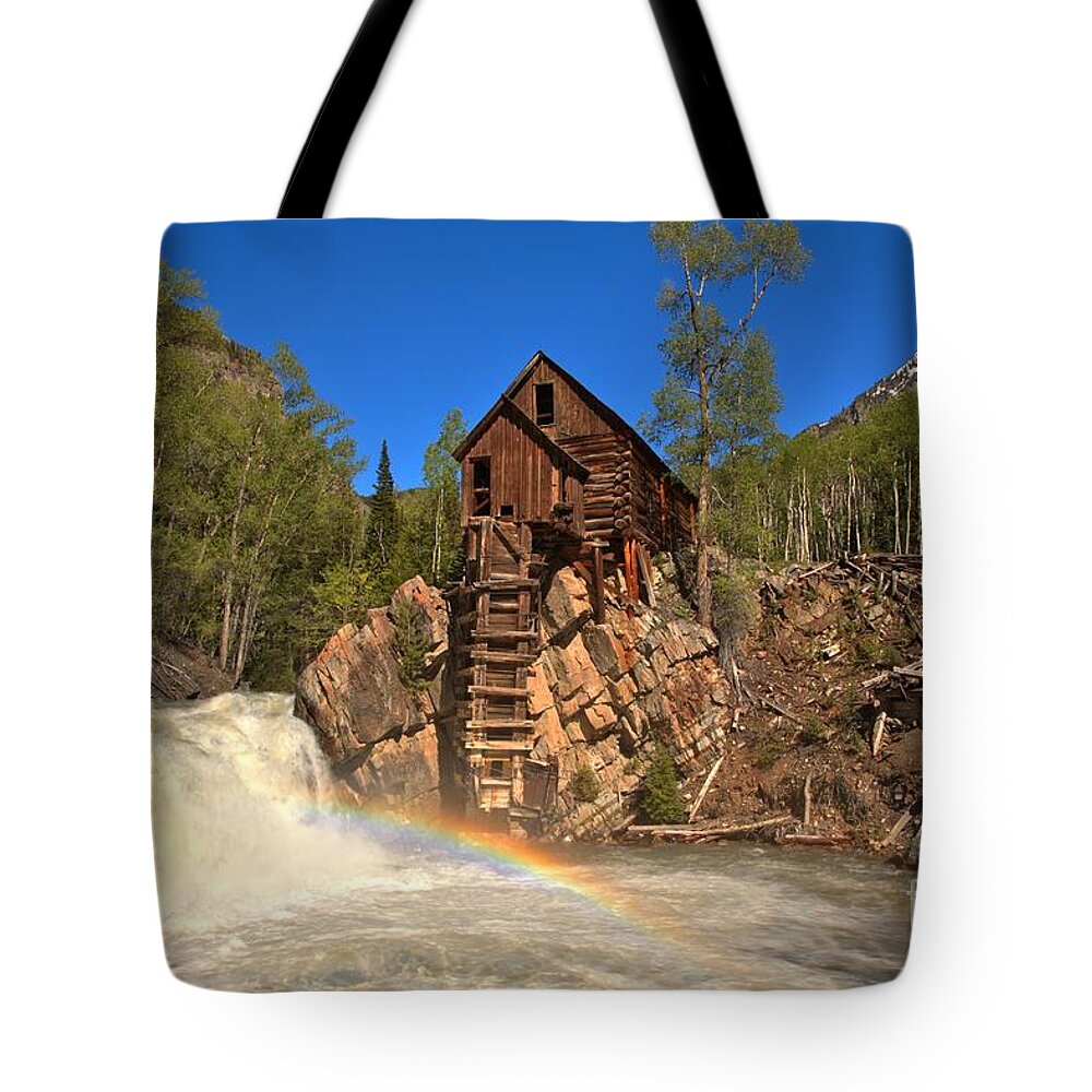 Crystal Mill Rainbow Tote Bag featuring the photograph Crystal Mill Rainbow Portrait #1 by Adam Jewell
