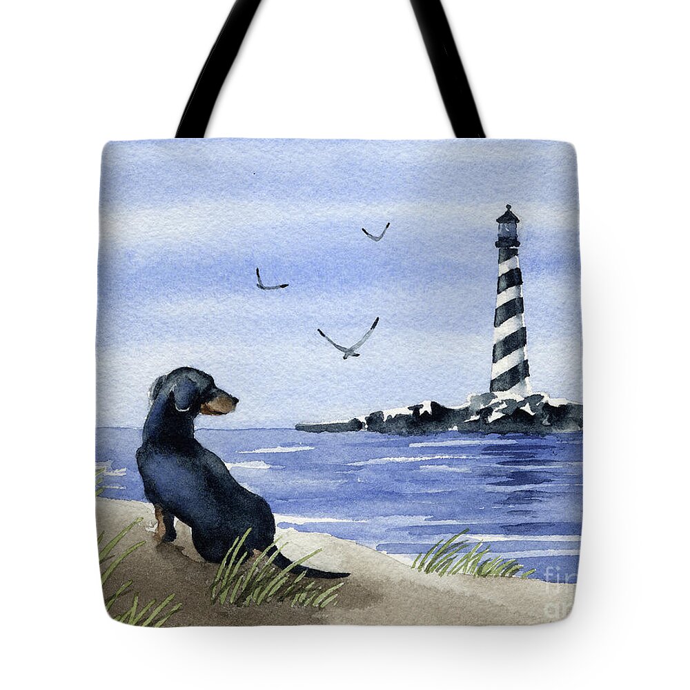 Dachshund Tote Bag featuring the painting Dachshund at the Beach by David Rogers