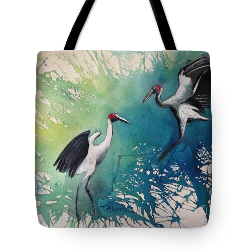 Brolgas Tote Bag featuring the painting Dance of the Brolgas - original sold by Therese Alcorn