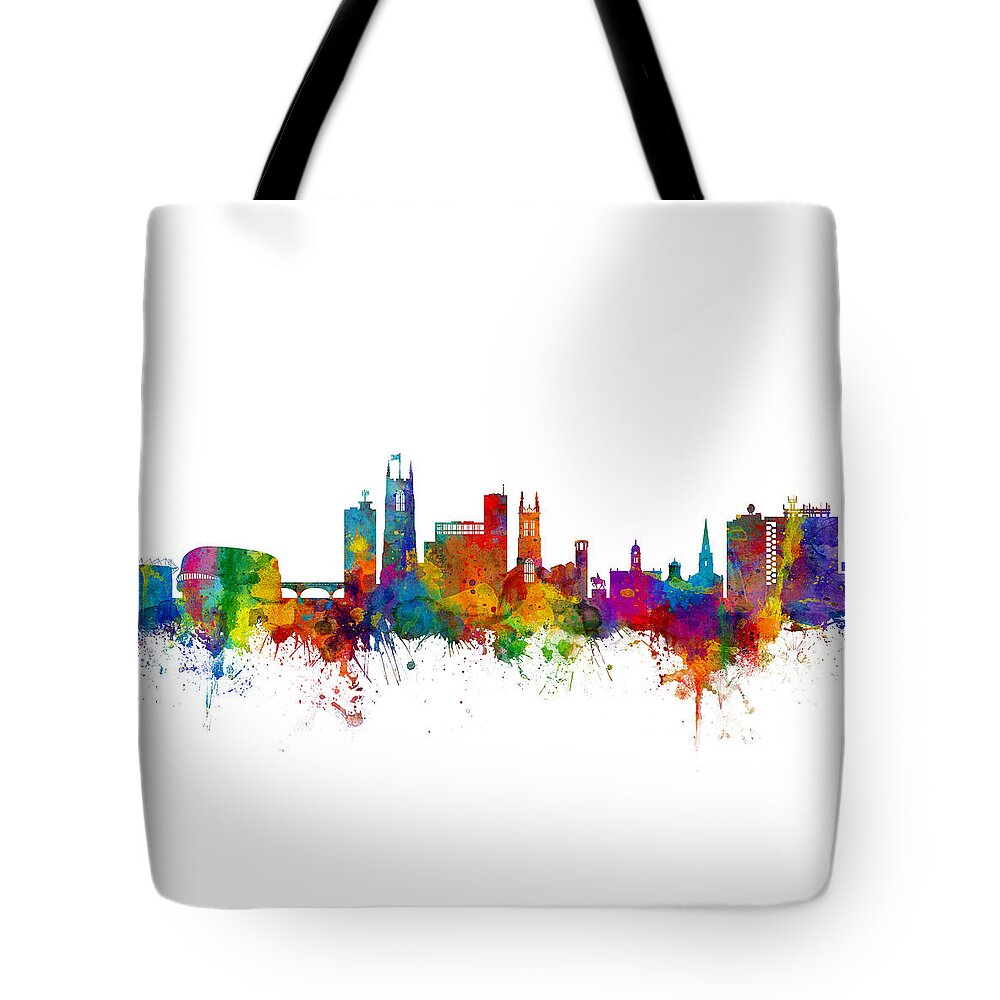 Derby Tote Bag featuring the digital art Derby England Skyline by Michael Tompsett