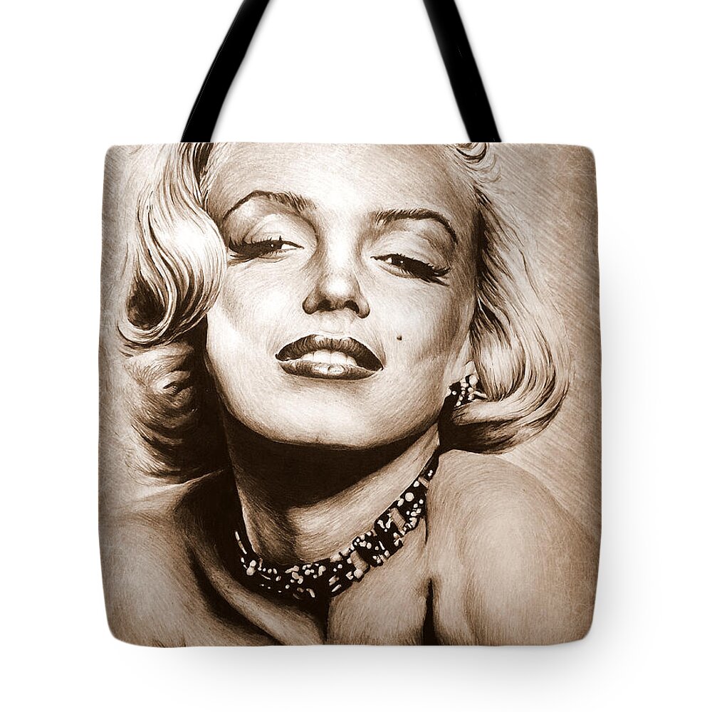 Marilyn Monroe Tote Bag featuring the drawing Diamonds are a girls best friend #1 by Andrew Read
