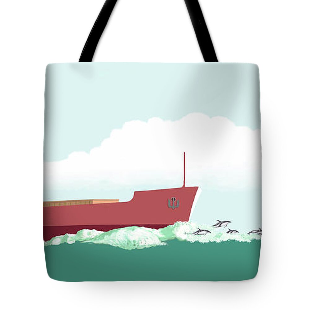 Dolphin Cetacea Flipper Fish Ocean Lake River Sailing Sailboat Marine Mammal Fins Fluke Fin Flukes Ship Cargo Steamer Freighter Steamboat  Tote Bag featuring the digital art Dolphin Dance by Gary Giacomelli