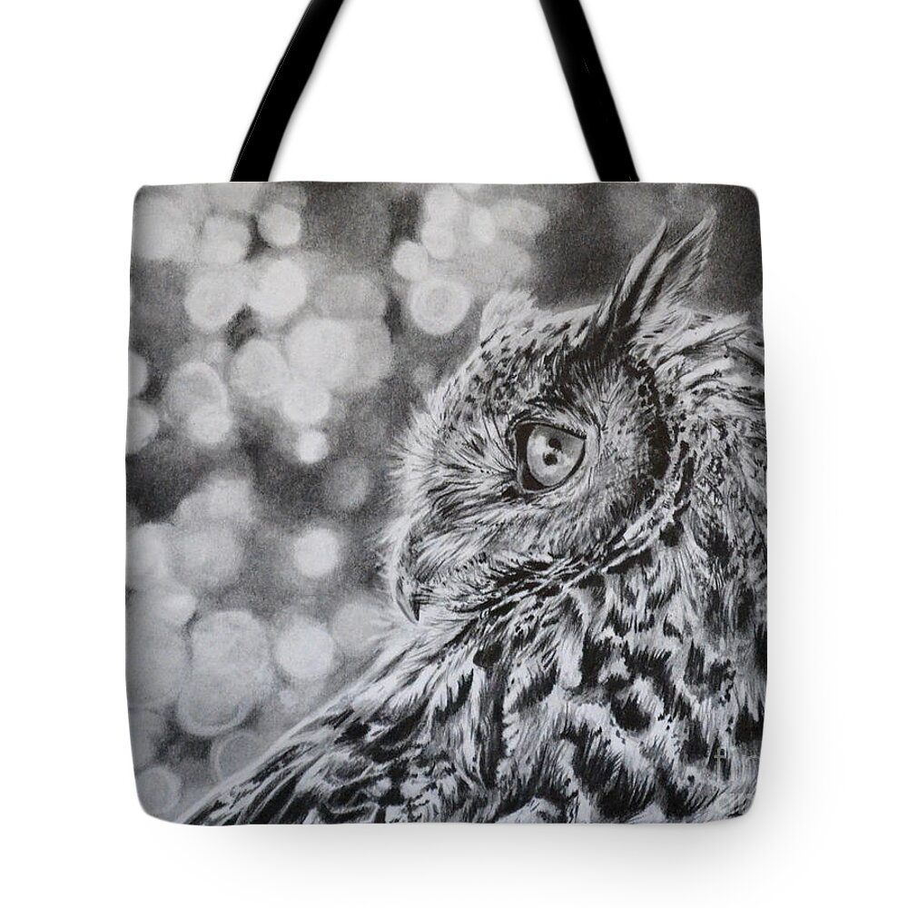 Eagle Owl Tote Bag featuring the drawing Eagle Owl #1 by Lachri