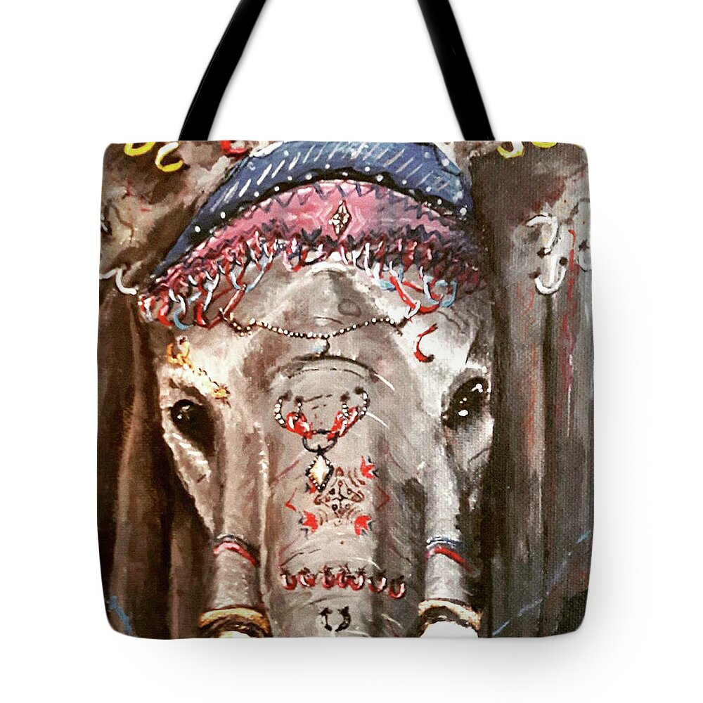 Jewelery Tote Bag featuring the painting Elephant in Jewelry by Medea Ioseliani