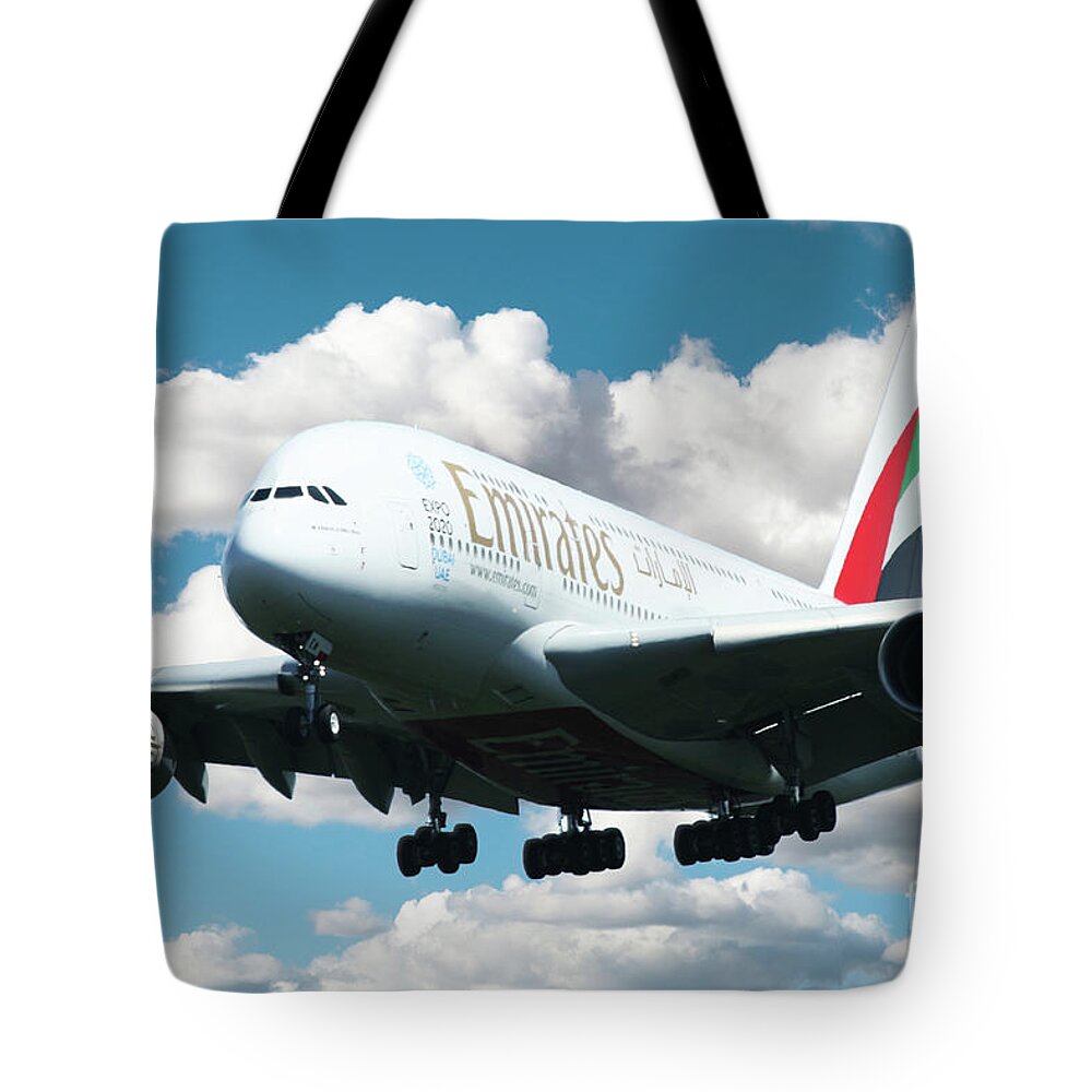 Airbus A380 Tote Bag featuring the digital art Emirates A380 by Airpower Art