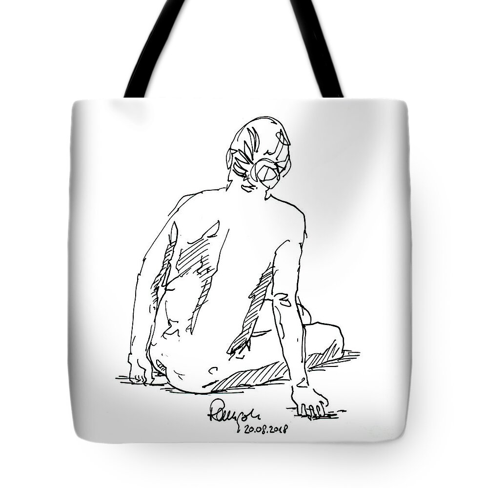 Figure Drawing Tote Bag featuring the drawing Female Figure Drawing Sitting Pose Fountain Pen Ink by Frank Ramspott