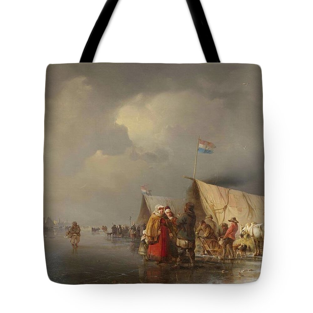 Hilgers Tote Bag featuring the painting Figures by a frozen lake before a town #1 by MotionAge Designs