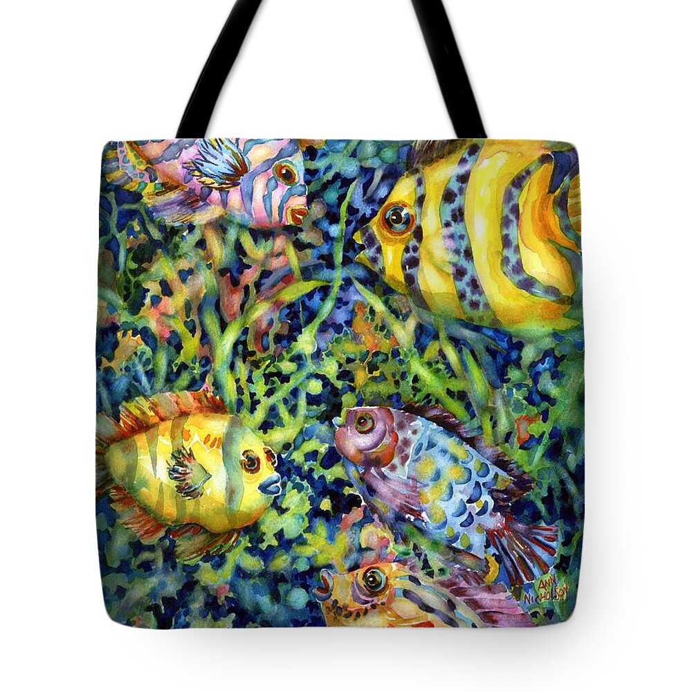 Watercolor Tote Bag featuring the painting Fish Tales IV #1 by Ann Nicholson