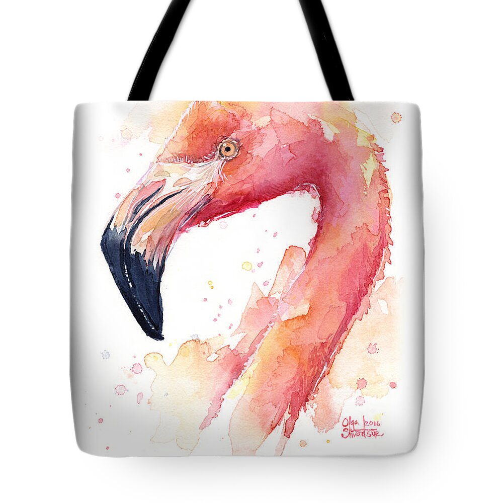 Flamingo Tote Bag featuring the painting Flamingo Watercolor by Olga Shvartsur