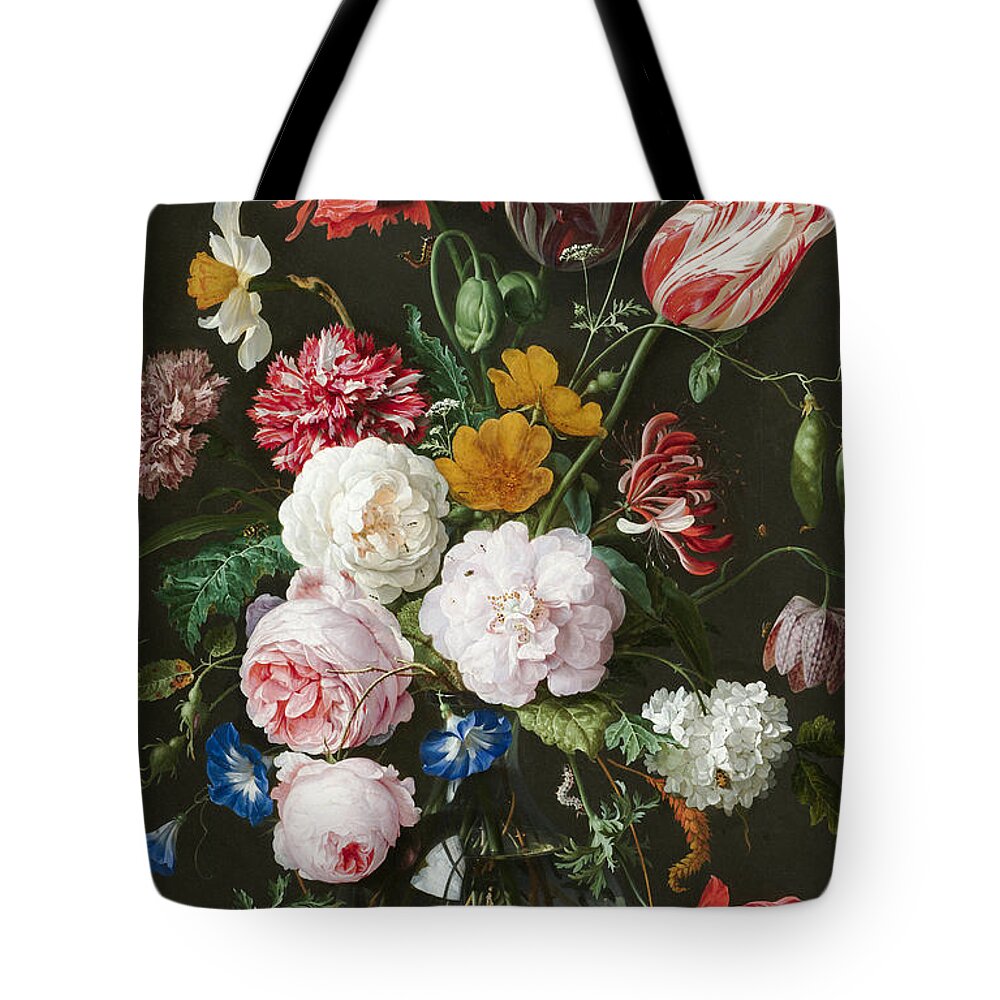 Still Life With Flowers In A Glass Vase Tote Bag featuring the mixed media Flowers in a Glass Vase 3 by Jan Davidsz de Heem
