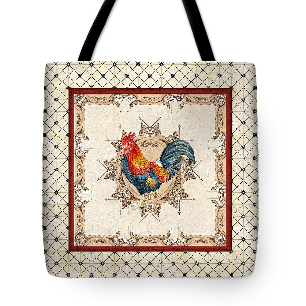 Etched Tote Bag featuring the painting French Country Roosters Quartet Cream 2 by Audrey Jeanne Roberts